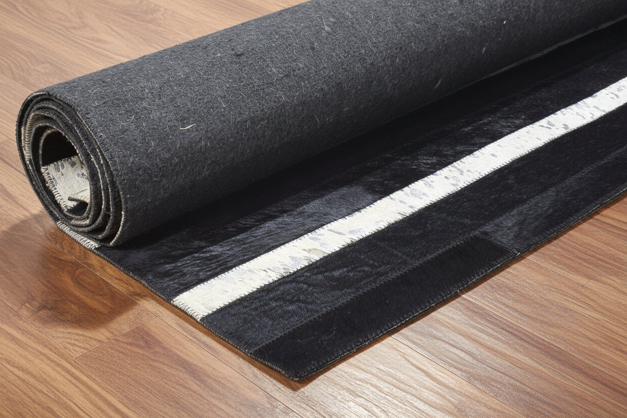 Jilleen Handmade Black Striped Leather Rug | Modern Patchwork Cowhide Rug 7864432328853