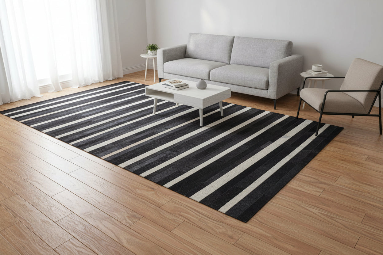 Jilleen Handmade Black Striped Leather Rug | Modern Patchwork Cowhide Rug 7864432328853