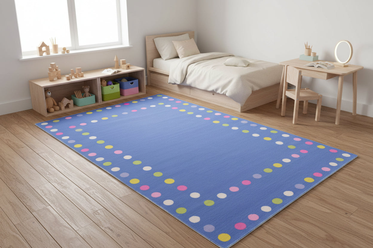 Joie Border Polka Dot Handmade Blue Nursery Rug - Modern Scandinavian Multicolor Dot 9121450295445