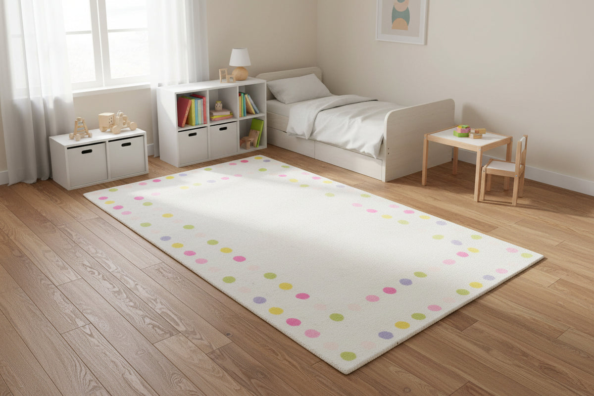 Joie Border Polka Dot Handmade Off White Nursery Rug – Modern Scandinavian Multicolor Dot 9126189170837