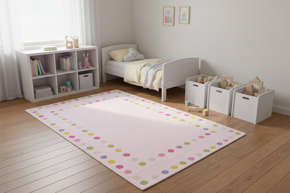 Joie Border Polka Dot Handmade Pink Nursery Rug – Modern Scandinavian Multicolor Dot 9124928880789