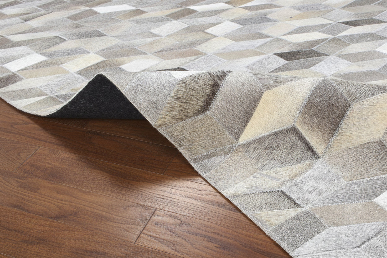 Joni Leather Handmade Gray Diamonods Rug | Modern Geometric Patchwork Cowhide Aea Rug