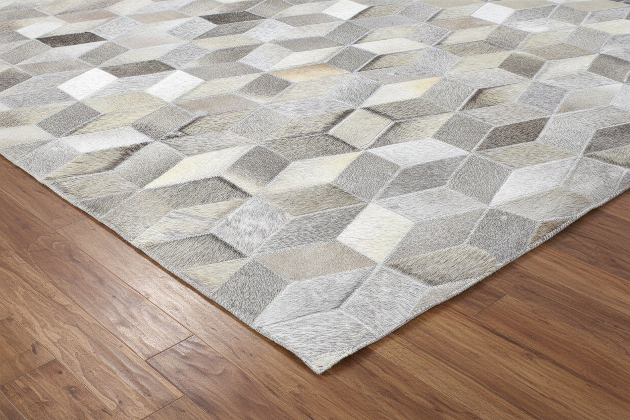 Joni Leather Handmade Gray Diamonods Rug | Modern Geometric Patchwork Cowhide Aea Rug