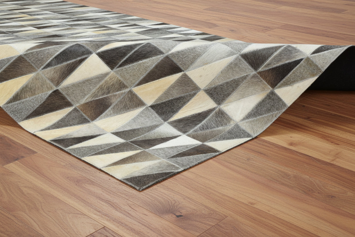 Joscelin Handmade Leather Charcoal Gray Diamonds Area Rug | Modern Patchwork Triangles Cowhide Rug 9060927668373