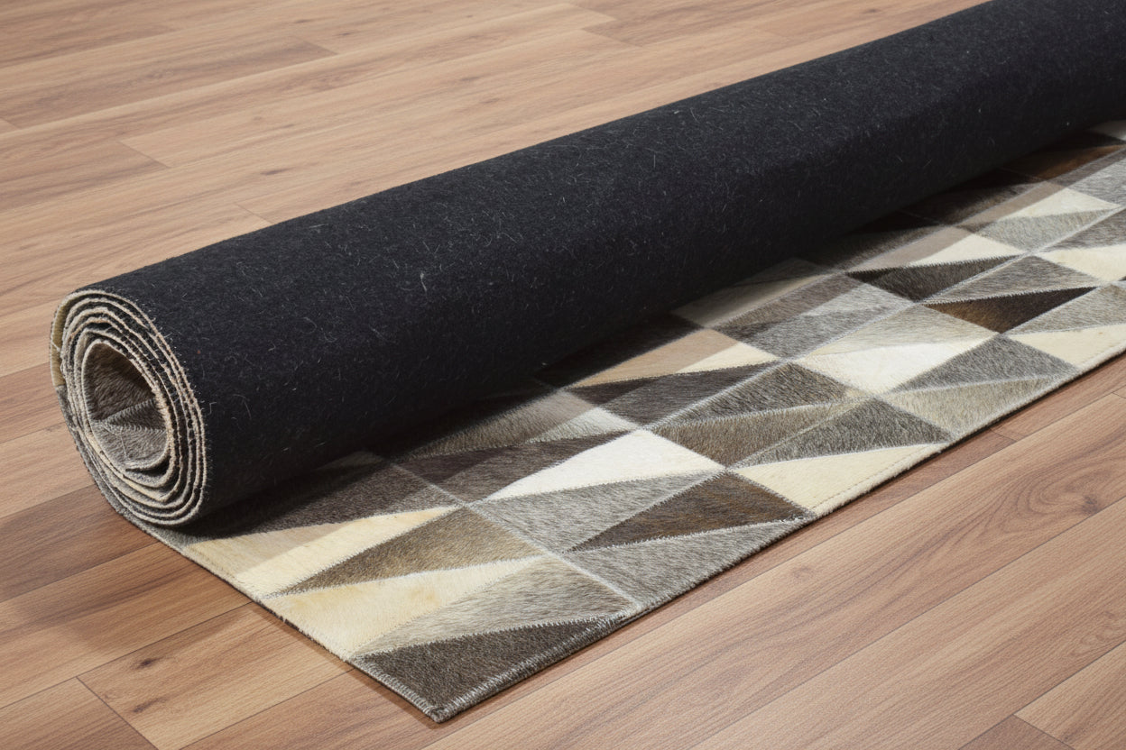 Joscelin Handmade Leather Charcoal Gray Diamonds Area Rug | Modern Patchwork Triangles Cowhide Rug 9060927668373