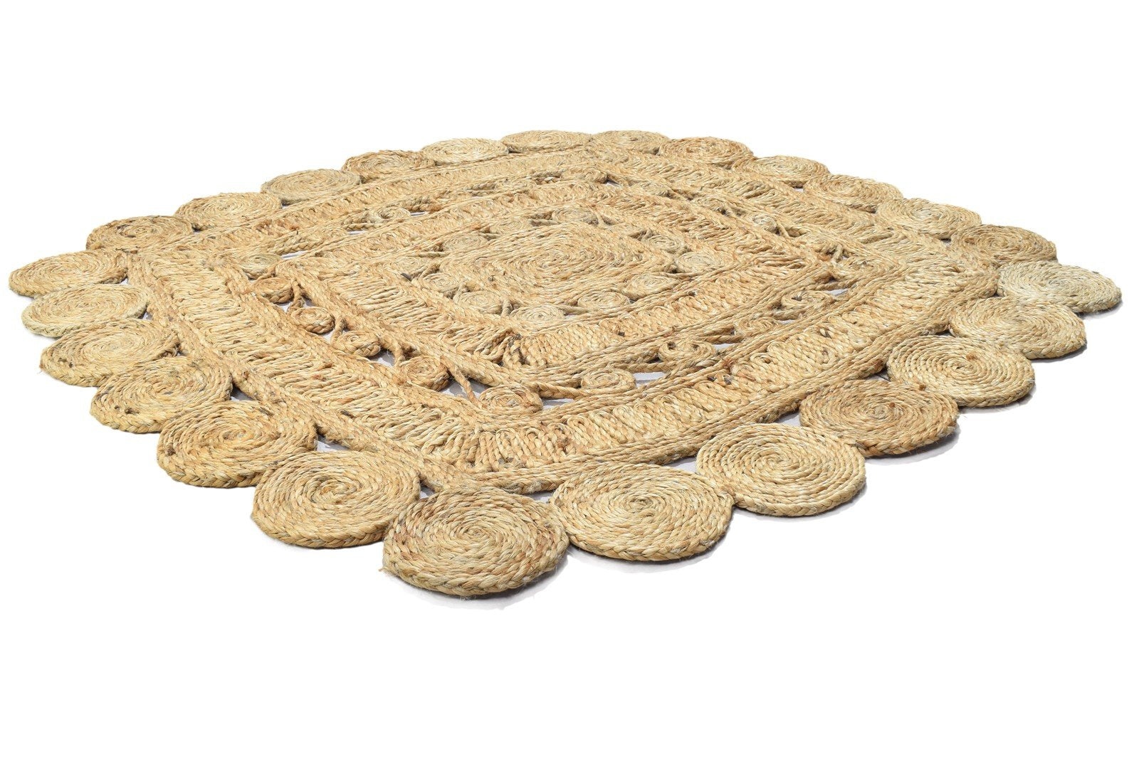 Jute Beige Rug 4' X 4' Modern Hand Woven Scandinavian Circles Room Size Carpet 7864818696341