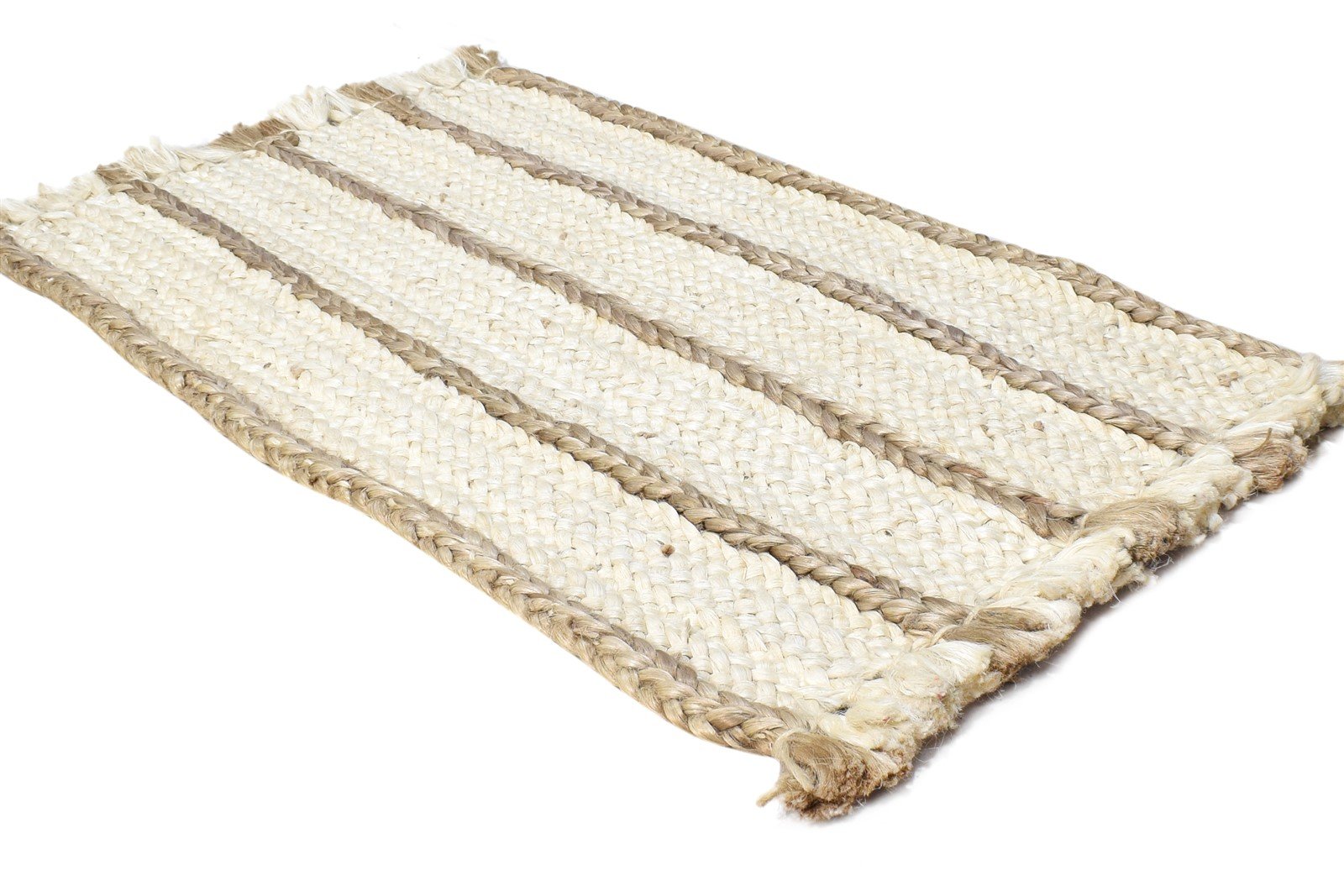 Jute Ivory Rug 2' X 3' Modern Hand Woven Scandinavian Striped Small Carpet 7864960712853