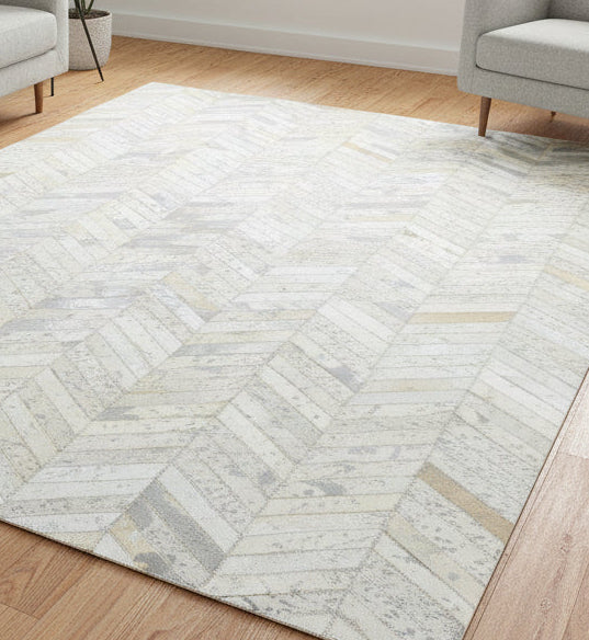 Kati Handmade Off-White Patchwork Leather Rug - Modern Chevron Cowhide Rug 9065168142485