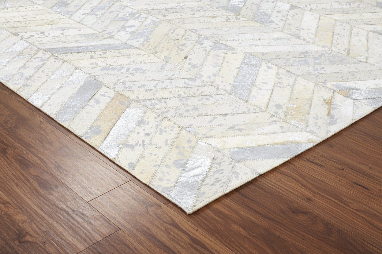 Kati Handmade Off-White Patchwork Leather Rug - Modern Chevron Cowhide Rug 9065168142485