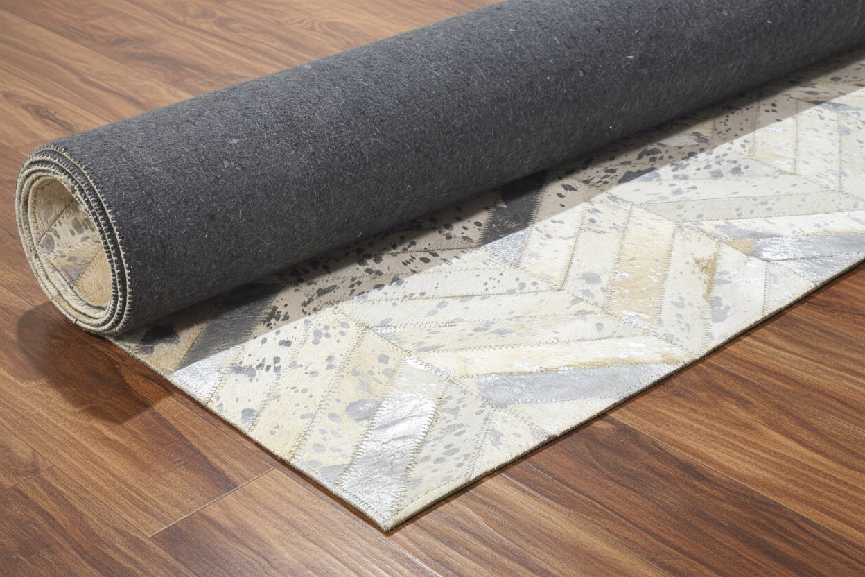 Kati Handmade Off-White Patchwork Leather Rug - Modern Chevron Cowhide Rug 9065168142485