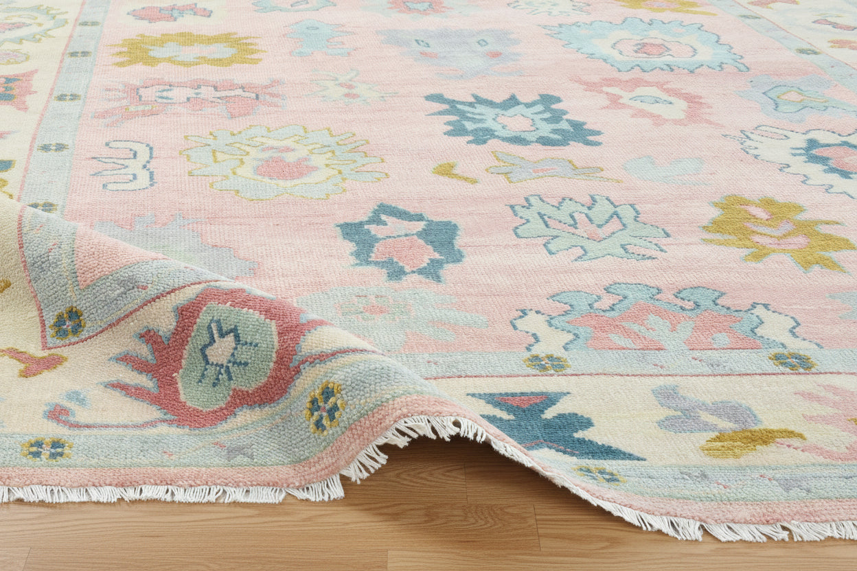 Kazin Hand-Knotted Oriental Oushak Rug – Pink & Blue Persian Floral Wool Rug 9203397951637