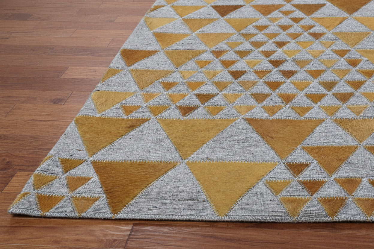 Kellie Gold Leather / Cotton Rug 3X9 Modern Hand Woven Scandinavian Triangles 7864511398037