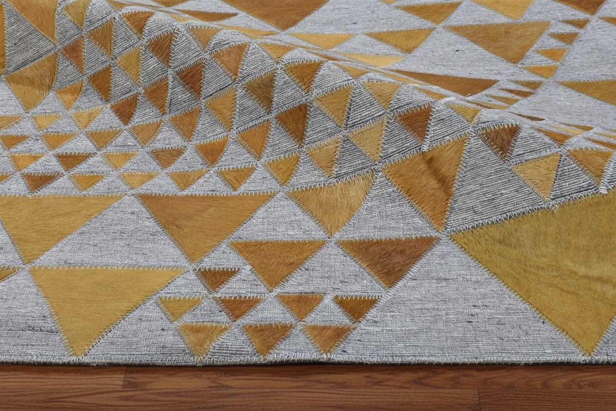 Kellie Gold Leather / Cotton Rug 3X9 Modern Hand Woven Scandinavian Triangles 7864511398037