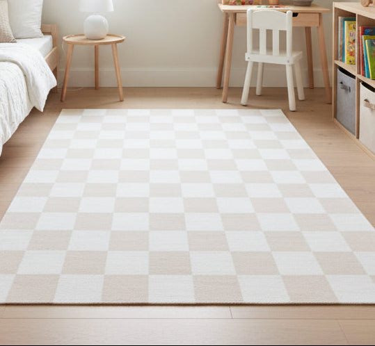 Kisan Checkerboard Handmade Beige White Rug – Modern Minimalist Decorative Area Rug 9122580201621