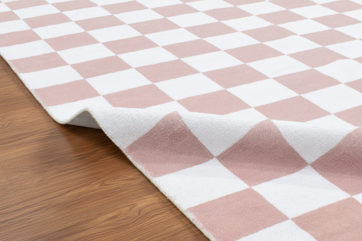 Kisan Checkerboard Handmade Dusty Rose & White Rug – Modern Rosewood Minimalist Decorative Area Rug 9122066366613