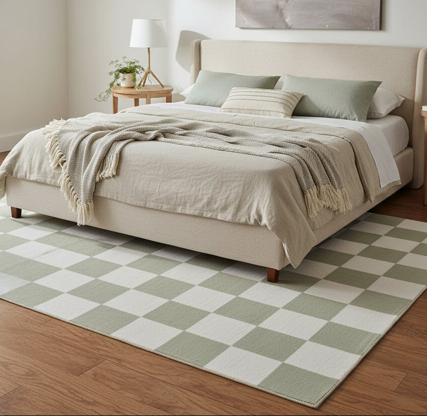 Kisan Checkerboard Handmade Sage Green & White Rug – Modern Minimalist Decorative Area Rug 9122096185493