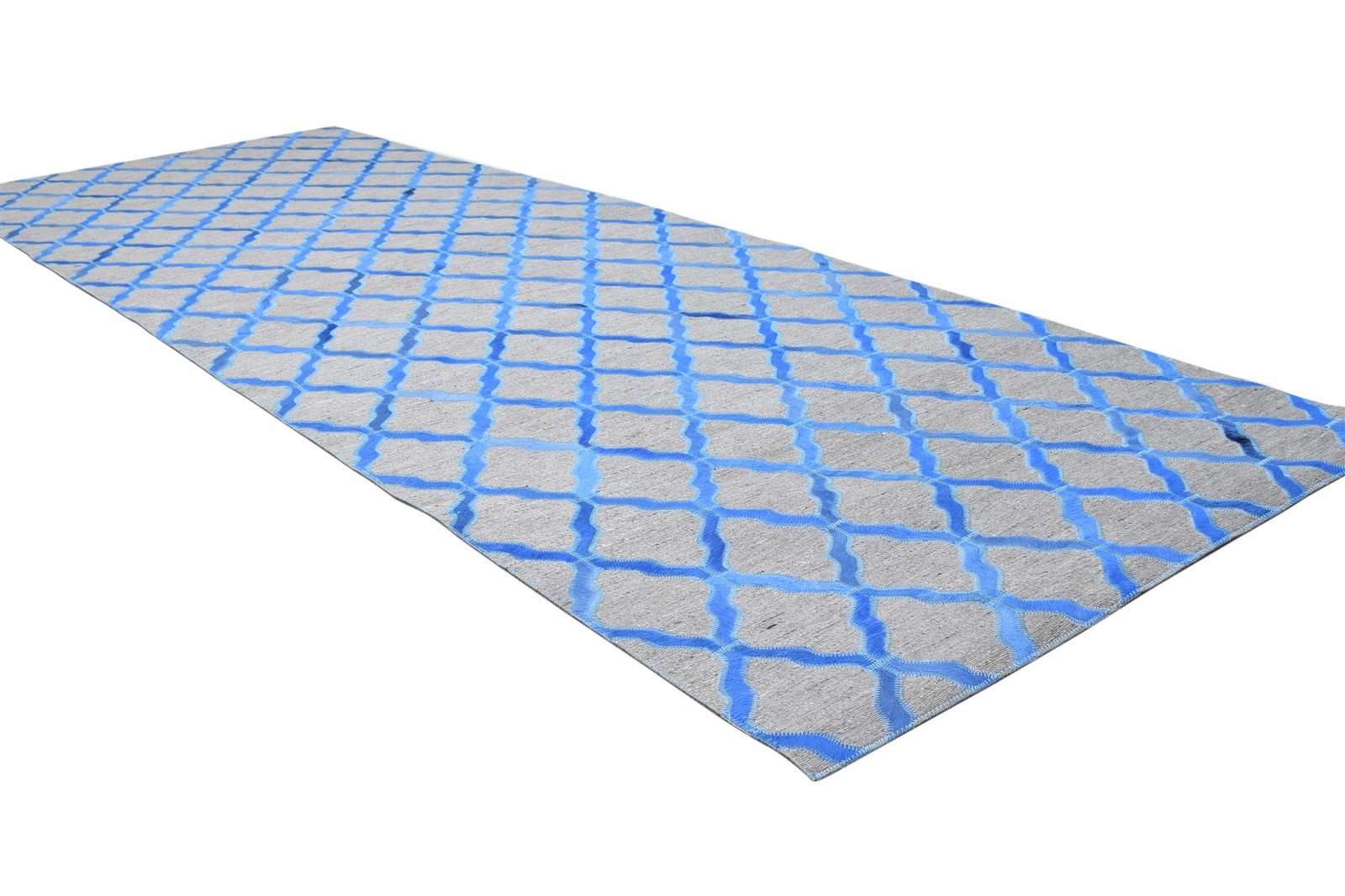 Leather / Cotton Blue Rug 3X9 Modern Hand Woven Moroccan Trellis Room Size 7864436261013