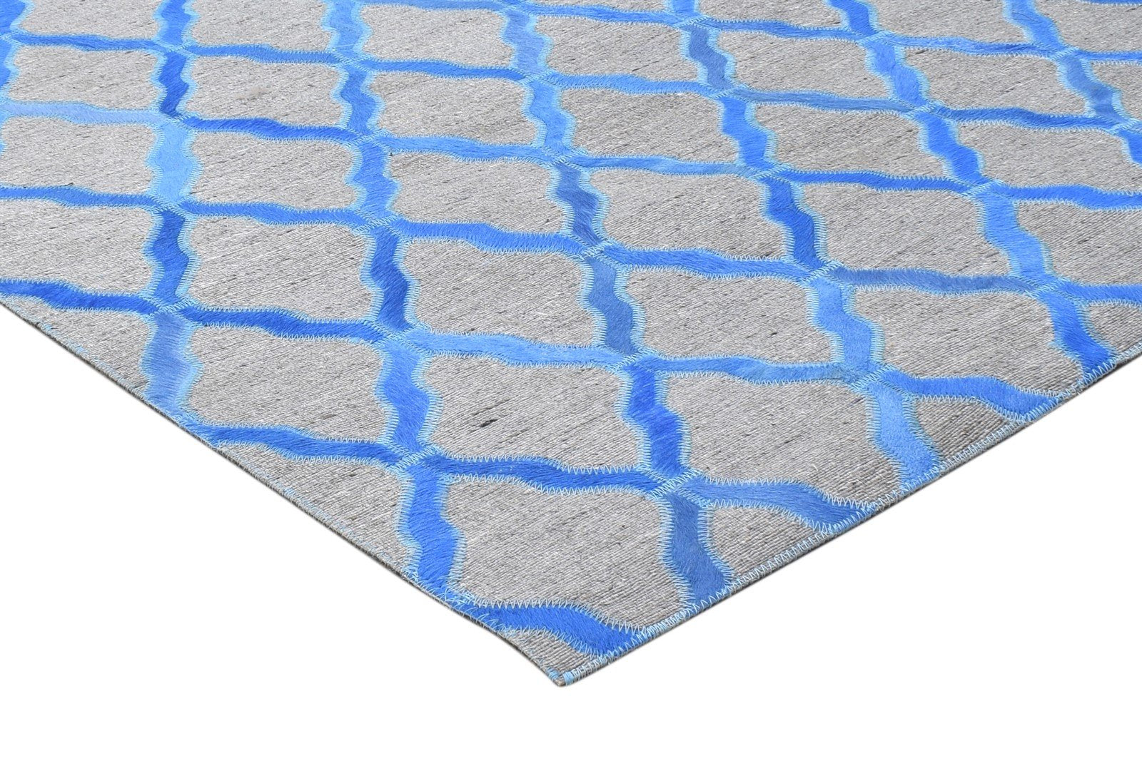 Leather / Cotton Blue Rug 3X9 Modern Hand Woven Moroccan Trellis Room Size 7864436261013