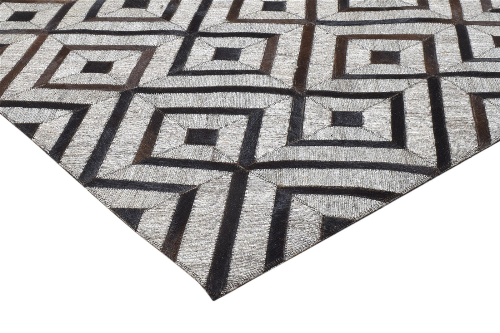 Leather / Cotton Grey Rug 5X8 Modern Hand Woven Scandinavian Geometric Room Size 7864113856661