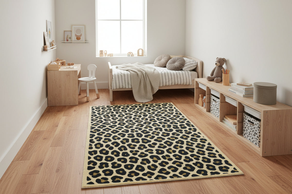 Leopard Handmade Cream & Gold Spot Area Rug – Modern Safari Style Kids Nursery Rug 9125653643413