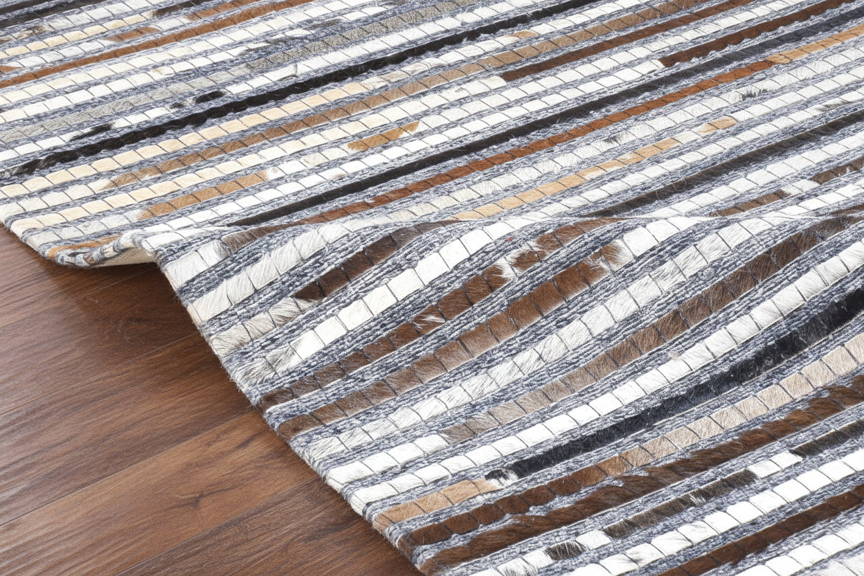 Linear Horizon Handmade Leather Brown Rug - Modern Patchwork Striped Cowhide Rug 9063830880405