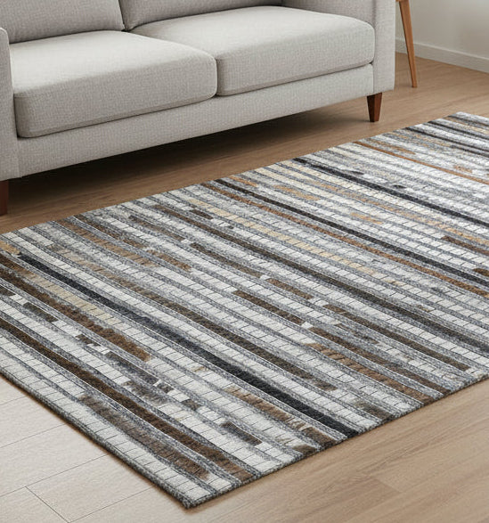 Linear Horizon Handmade Leather Brown Rug - Modern Patchwork Striped Cowhide Rug 9063830880405