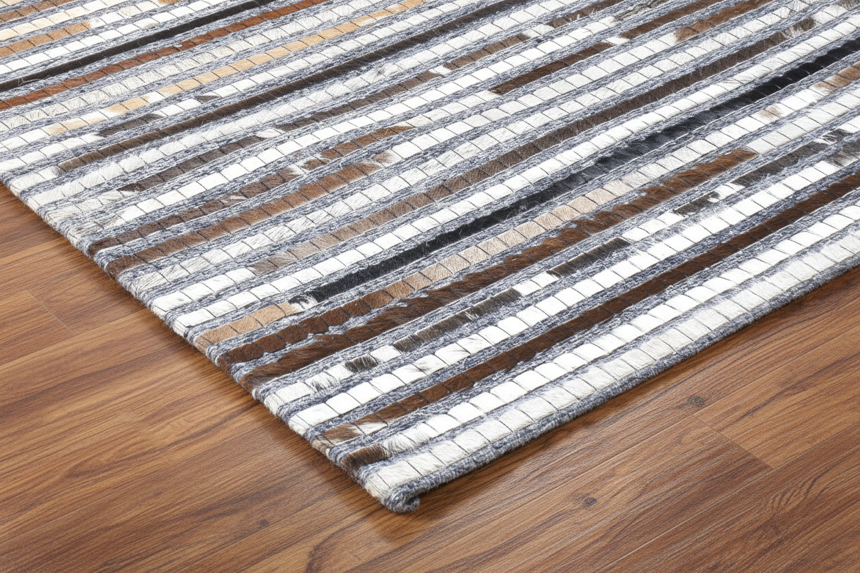 Linear Horizon Handmade Leather Brown Rug - Modern Patchwork Striped Cowhide Rug 9063830880405