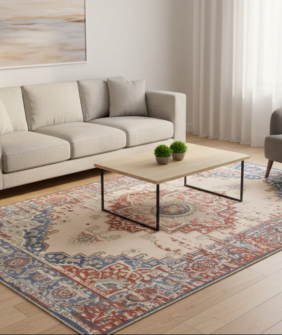 Liora Handmade Ivory & Red Medallion Area Rug – Modern Traditional Geometric 9175428923541