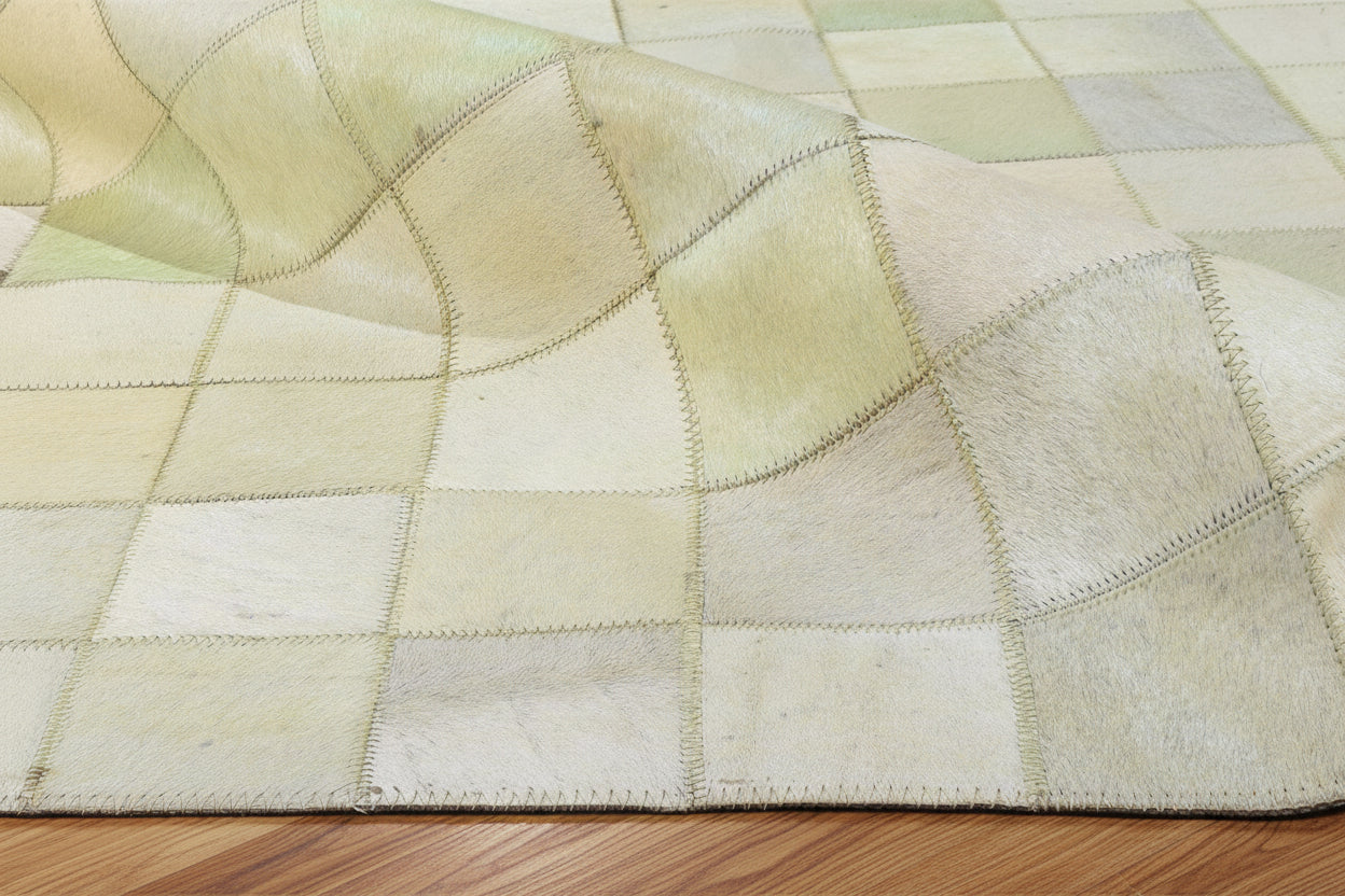 Lorry Checkerboard Handmade Off White Ivory Leather Rug | Patchwork Cowhide Area Rug 7864580636821
