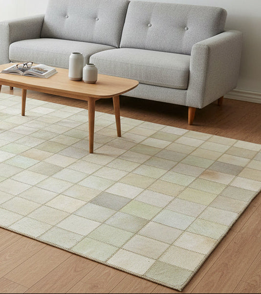 Lorry Checkerboard Handmade Off White Ivory Leather Rug | Patchwork Cowhide Area Rug 7864580636821