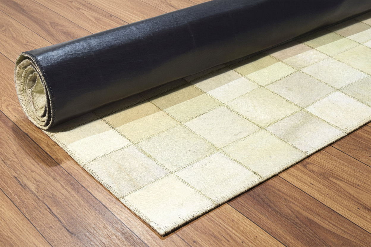 Lorry Checkerboard Handmade Off White Ivory Leather Rug | Patchwork Cowhide Area Rug 7864580636821