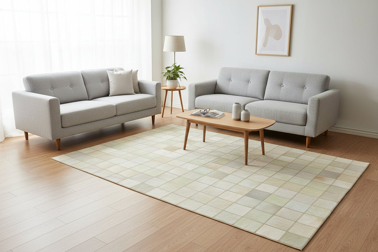 Lorry Checkerboard Handmade Off White Ivory Leather Rug | Patchwork Cowhide Area Rug 7864580636821