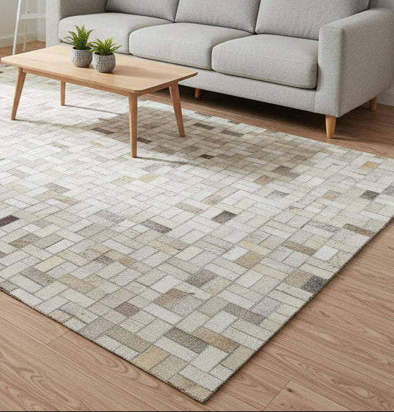 Mame Handmade Leather Beige Checkerboard Rug | Patchwork Geometric Cowhide Area Rug 7864433115285