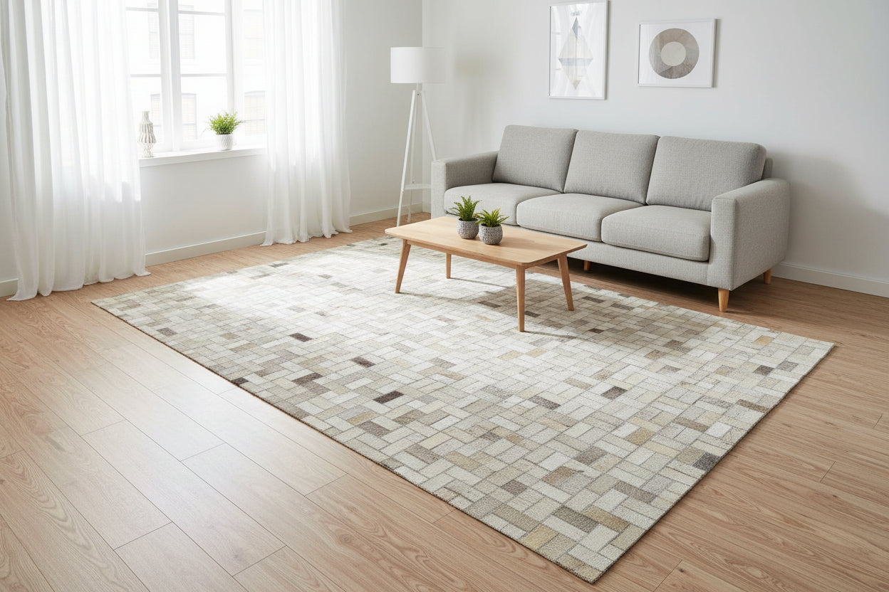 Mame Handmade Leather Beige Checkerboard Rug | Patchwork Geometric Cowhide Area Rug 7864433115285
