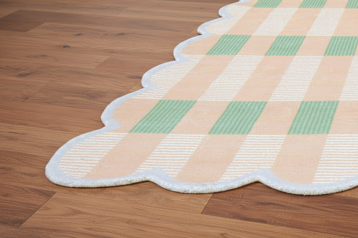 Matilda Plum Scalloped Edge Handmade Tan Plaid Rug – Modern Checkered Area Rug 9126789021845
