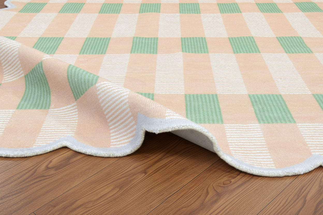 Matilda Plum Scalloped Edge Handmade Tan Plaid Rug – Modern Checkered Area Rug 9126789021845