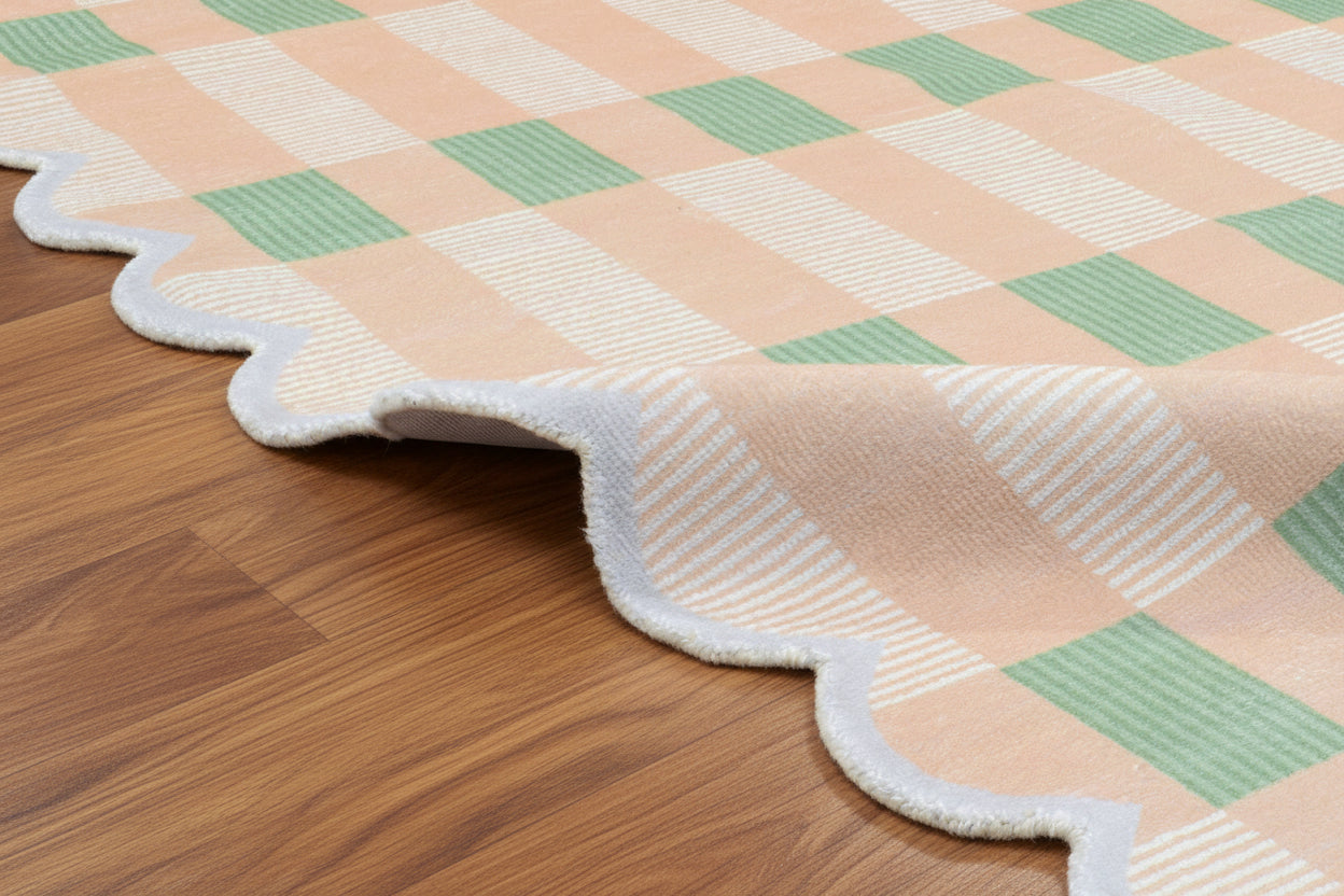 Matilda Plum Scalloped Edge Handmade Tan Plaid Rug – Modern Checkered Area Rug 9126789021845