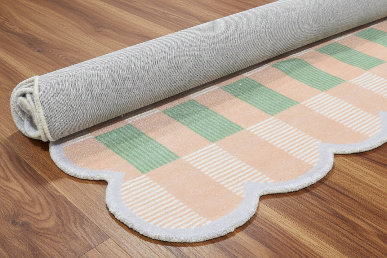 Matilda Plum Scalloped Edge Handmade Tan Plaid Rug – Modern Checkered Area Rug 9126789021845