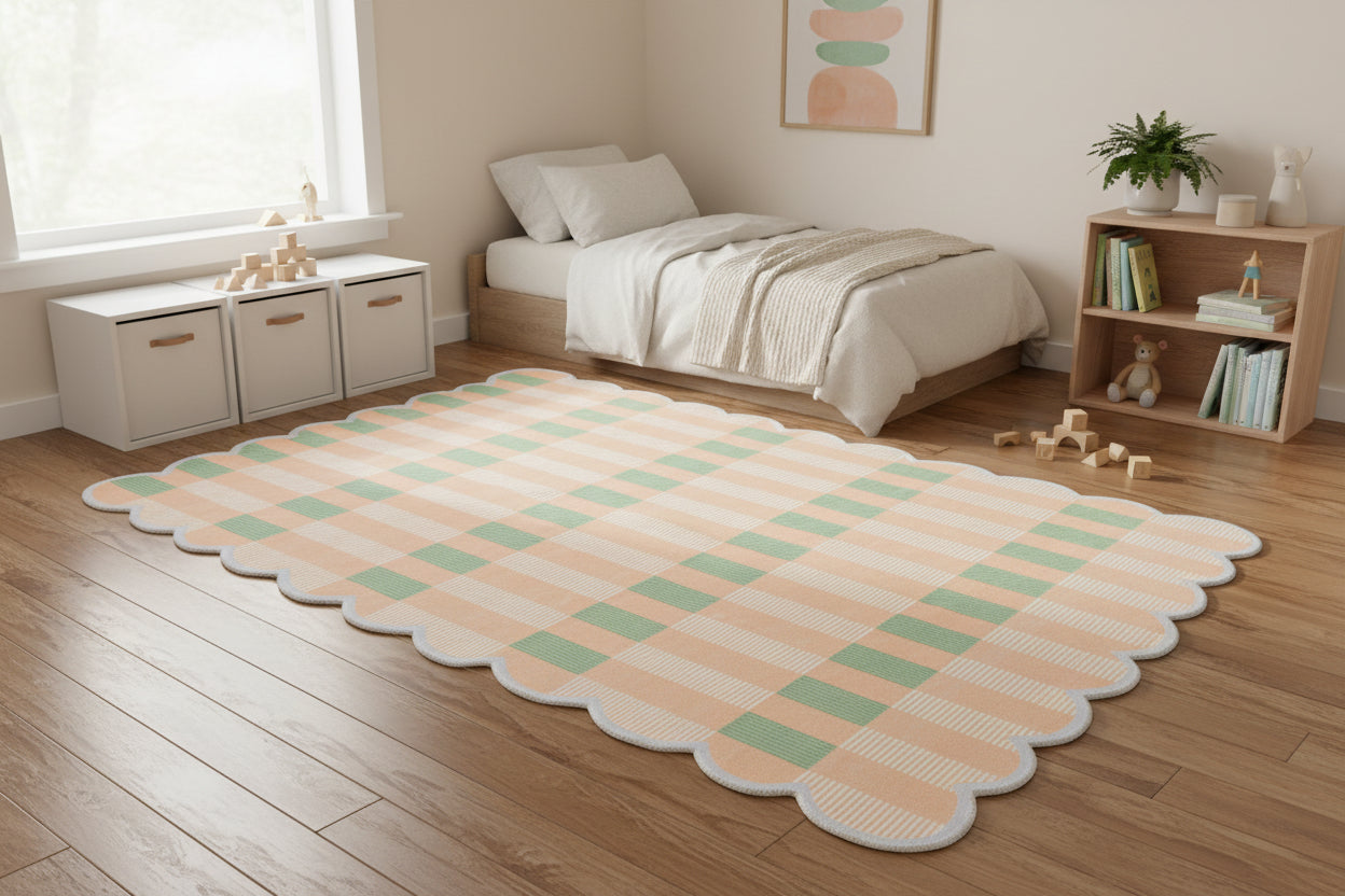 Matilda Plum Scalloped Edge Handmade Tan Plaid Rug – Modern Checkered Area Rug 9126789021845