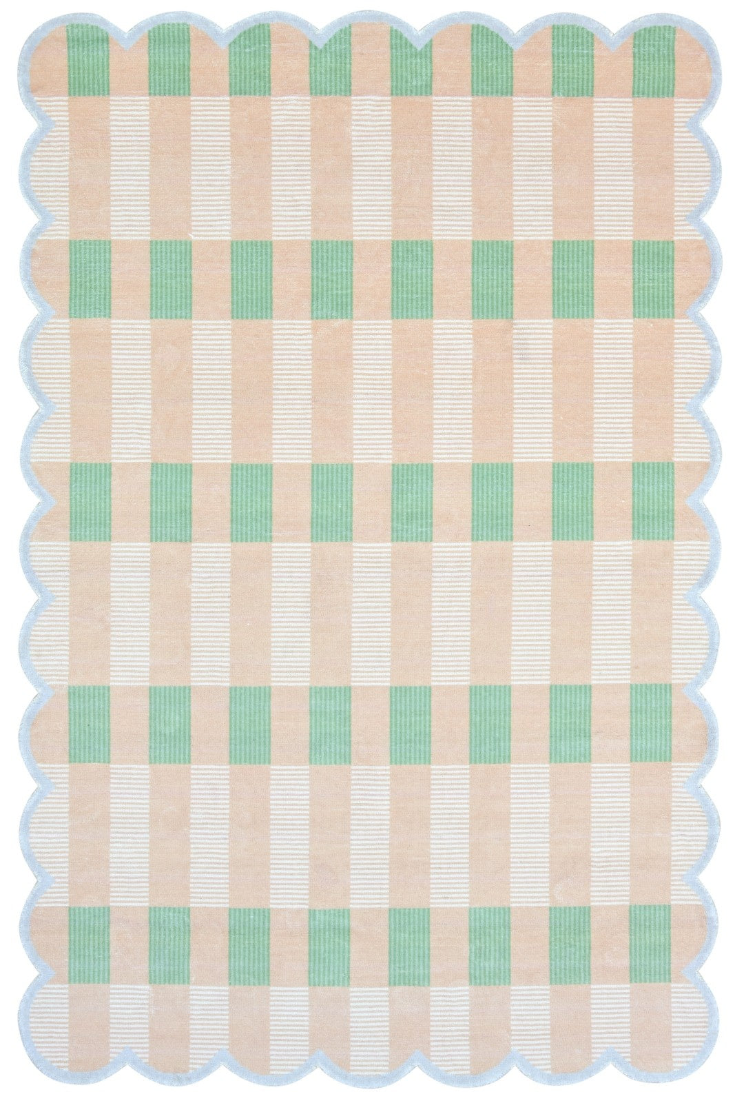 Matilda Scalloped Edge Handmade Beige & Mint Green Plaid Rug – Modern Checkered Area Rug 9126789021845
