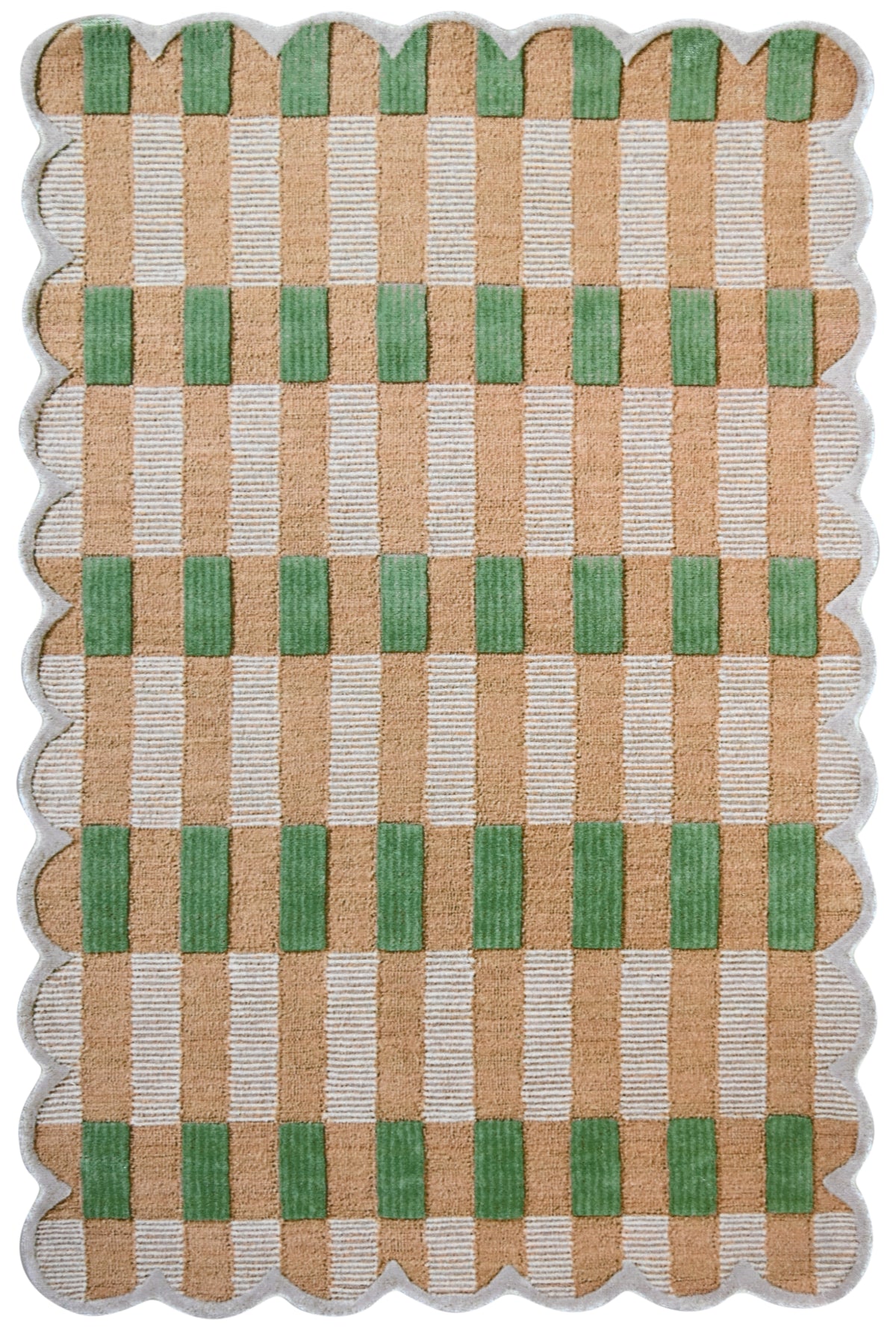 Matilda Scalloped Edge Handmade Green & Beige Plaid Rug – Modern Checkered Area Rug 9081810518165