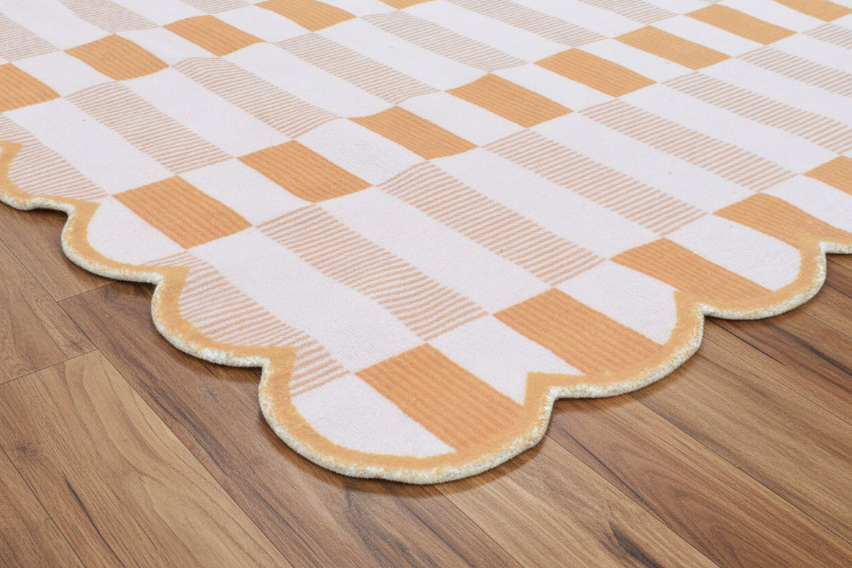 Matilda Scalloped Edge Handmade Orange & Ivory Plaid Rug – Modern Checkered Area Rug 9126506496149