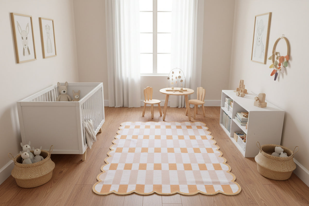 Matilda Scalloped Edge Handmade Orange & Ivory Plaid Rug – Modern Checkered Area Rug 9126506496149