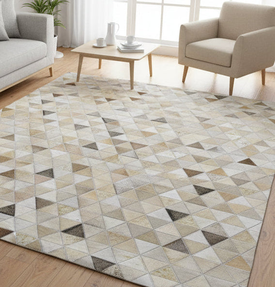 Melody Handmade Leather Beige Triangles Rug - Modern Patchwork Cowhide Area Rug 7864252203157