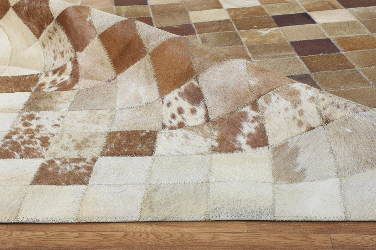 Melonie Handmade Leather Brown Checkerboard Rug | Patchwork Cowhide Area Rug 7864580833429
