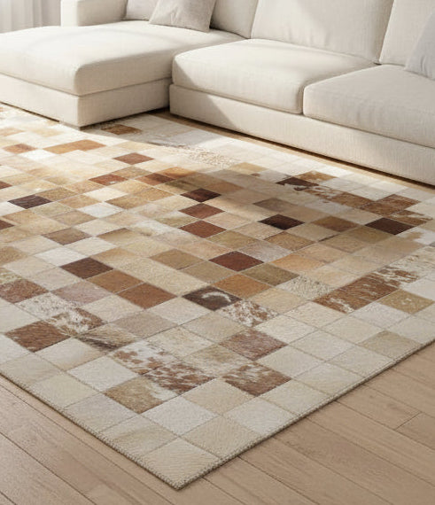 Melonie Handmade Leather Brown Checkerboard Rug | Patchwork Cowhide Area Rug 7864580833429