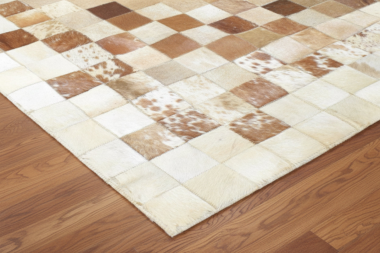 Melonie Handmade Leather Brown Checkerboard Rug | Patchwork Cowhide Area Rug 7864580833429