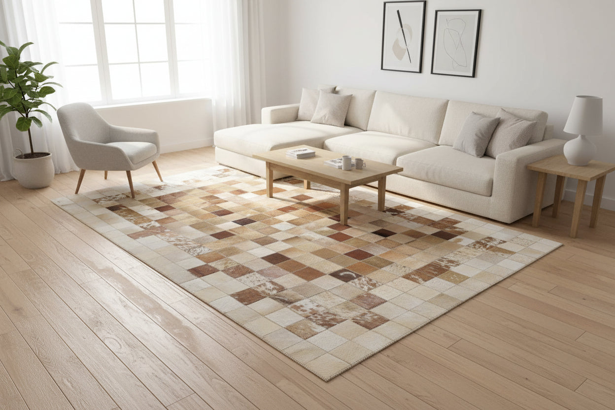 Melonie Handmade Leather Brown Checkerboard Rug | Patchwork Cowhide Area Rug 7864580833429