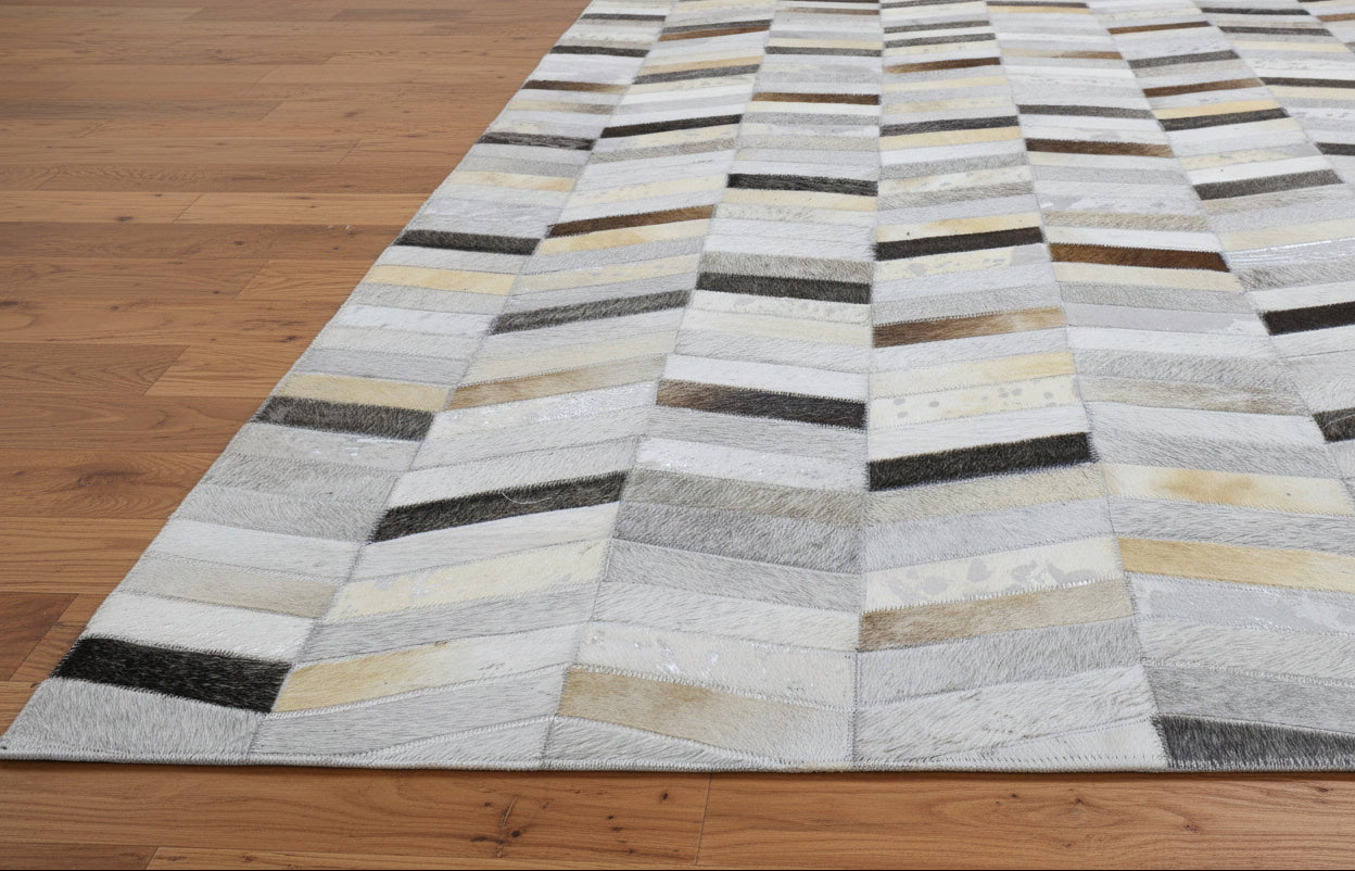 Metallic Chevron Handmade Leather Gray Rug - Modern Striped Patchwork Cowhide Rug 9063922303125
