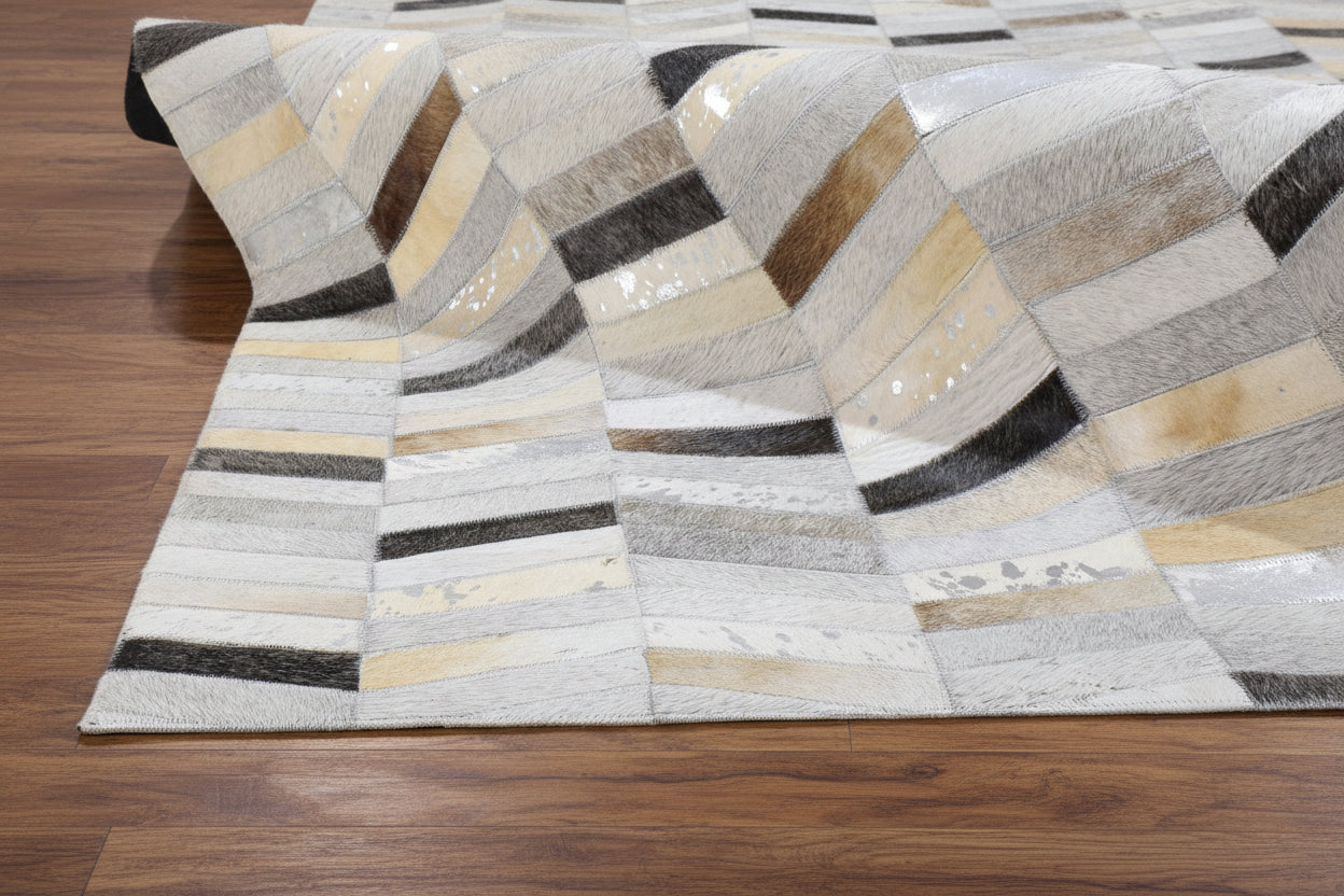 Metallic Chevron Handmade Leather Gray Rug - Modern Striped Patchwork Cowhide Rug 9063922303125